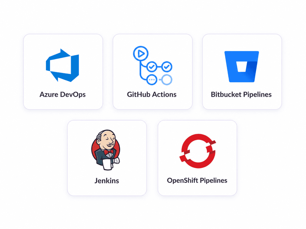 Azure DevOps, GitHub Actions, Bitbucket Pipelines, Jenkins, and OpenShift Pipelines supported by DecisionRules