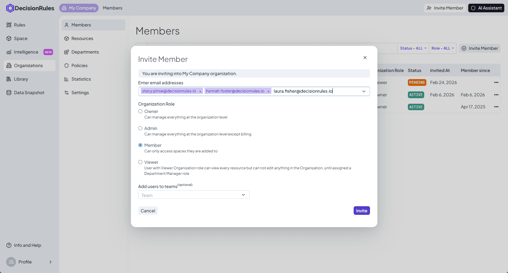Inviting a new member and assigning their workspace role