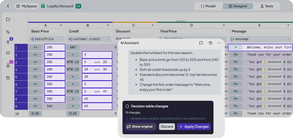 AI Assistant proposal showing modified Decision Table values with options to view, discard, or apply the changes