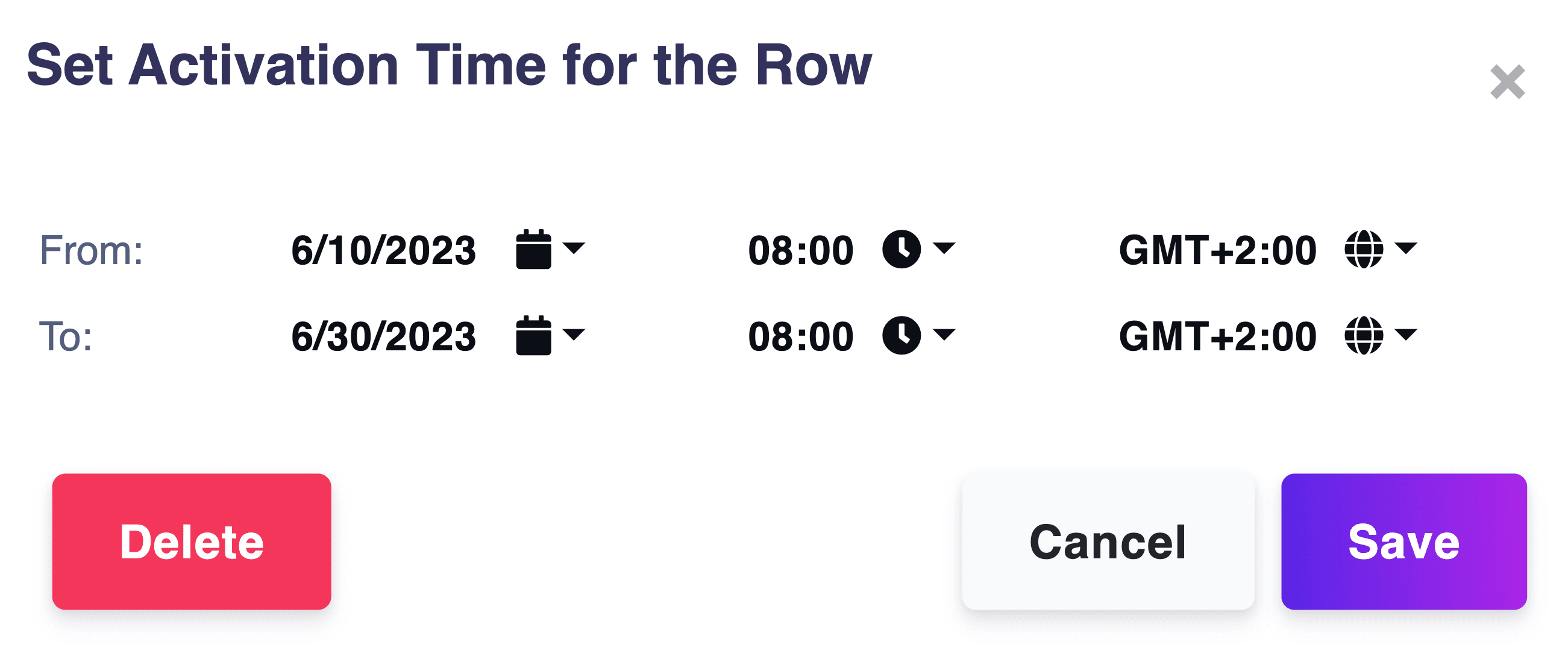 set activation time for row