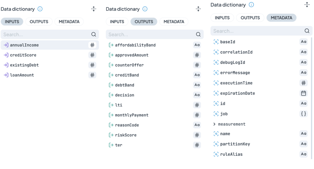 Data dictionary in three tabs: four inputs, eleven outputs and the execution metadata, each field typed