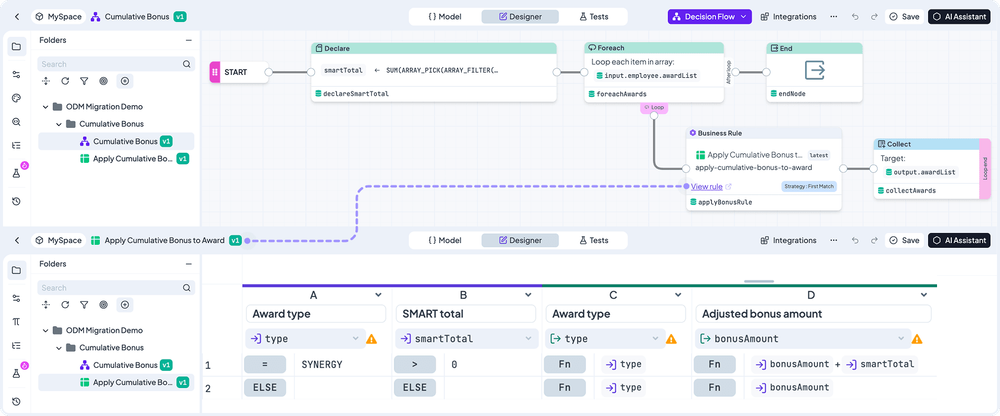 Cumulative bonus logic in DecisionRules as a Decision Flow calling a single Decision Table