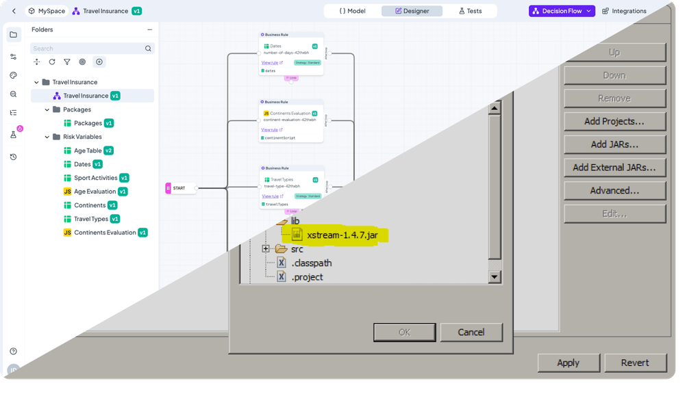 ODM authoring split between Decision Center and Rule Designer compared with one DecisionRules browser environment