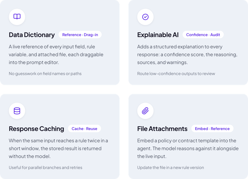 Built-in AI Agent infrastructure features in DecisionRules including caching, explainability, versioning, and LLM connector support