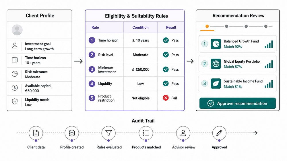 AI extracts the client’s needs, deterministic rules identify eligible products, and the broker reviews the final recommendation.