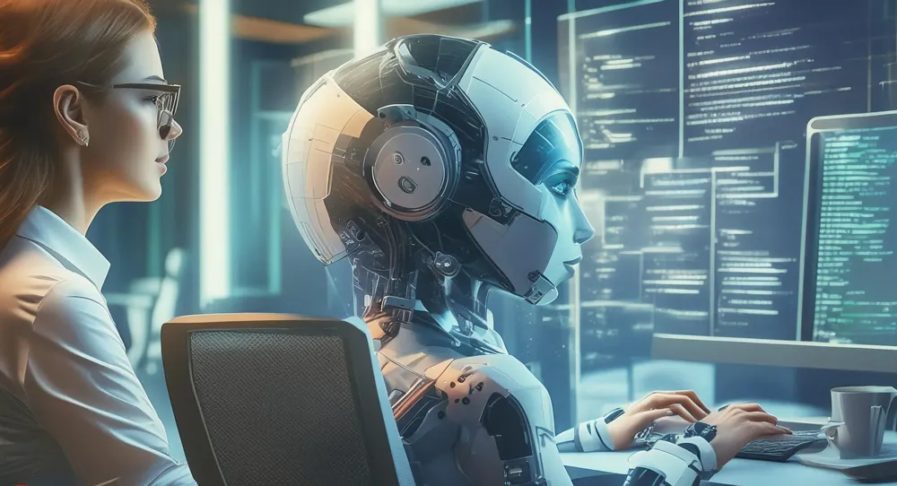 Developer working alongside a humanoid AI assistant at a computer displaying source code.