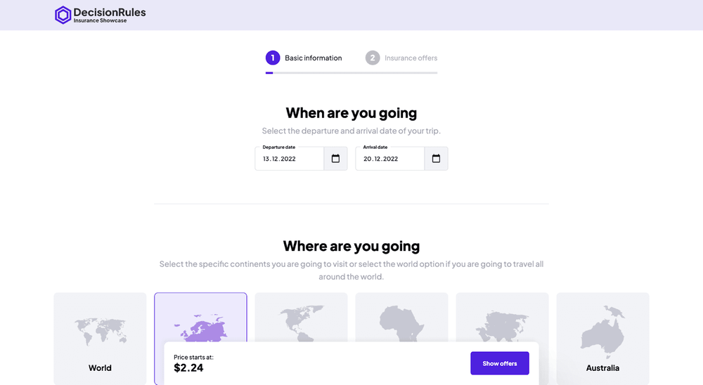 Travel insurance web application showing input form and insurance package results