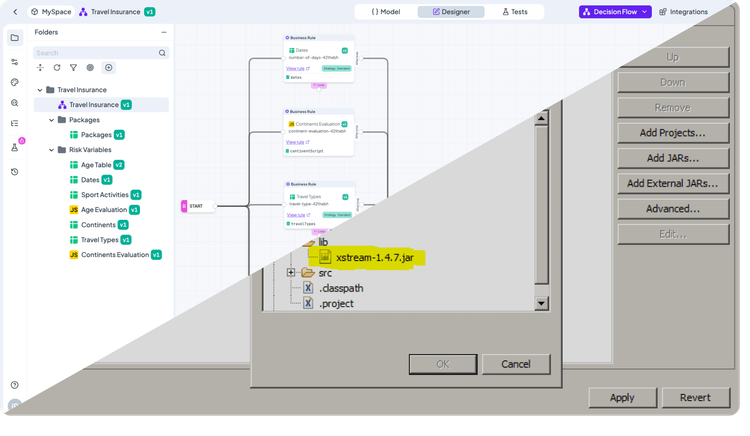 ODM authoring split between Decision Center and Rule Designer compared with one DecisionRules browser environment